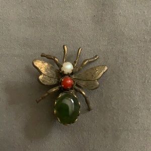 Bee style brooch red coral,pearl and jade vintage